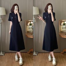 批发实拍大码女装2026夏季新款显瘦气质时尚休闲收腰优雅藏青色连衣裙
