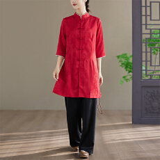 批发实拍新中式喜庆提花棉麻红色中长上衣黑色<b class='q'>裤</b>子两件套喜婆套装女