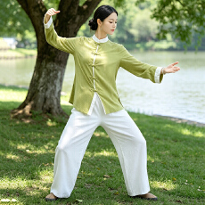 批发实拍太极服棉麻套装长袖瑜伽服八段锦两件套打坐禅修服民族风女装