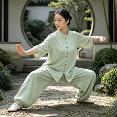 批发实拍新中式太极服两件套晨练瑜伽练功服套装纯色禅意居士服女