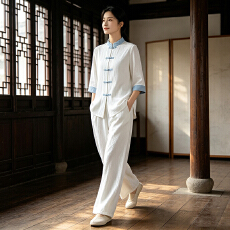 批发实拍中式棉麻太极服套装<b class='q'>夏</b>季古风中袖八段锦两件套禅意打坐居士服