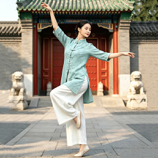 批发实拍 提花棉麻<b class='q'>中国风</b>新中式禅意茶服中长款女式太极服中袖上衣
