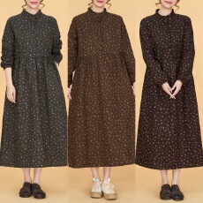 批发实拍2025秋冬新款全棉加厚花边领排扣小花朵长袖<b class='q'>连衣裙</b>大码女装