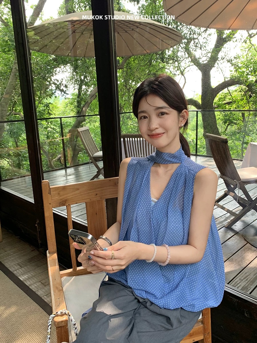 mukok 한 가스 전체 파란색 도트 무늬 리본 디자인 센스 민소매 V넥 여성 셔츠 루즈핏 얇은 조끼 작은 셔츠