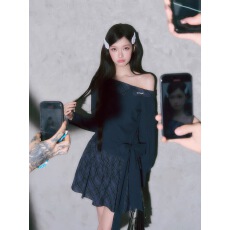 批发CyNi 设计感修身长袖撞色翻领T恤格子拼接蝴蝶结绑带斜肩衬衫女
