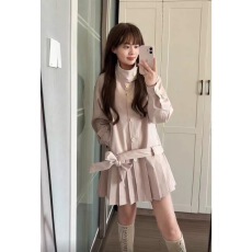 批发QDQD 韩系立领风衣秋季新款宽松休闲百褶下摆系带收腰气质外套女