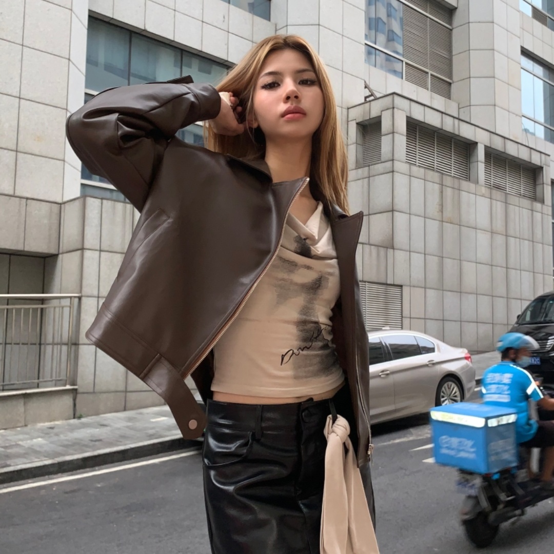 아메리칸 레트로 커피 색상 가죽 재킷 여성 코트 2025 가을 겨울 새로운 고급 센스 패션 트렌드 오토바이 재킷 맨위