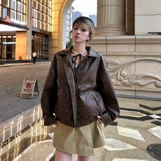 批发RAINY 复古感擦色做旧翻领皮衣女<b class='q'>春</b>秋宽松甜酷机车美式夹克短外套