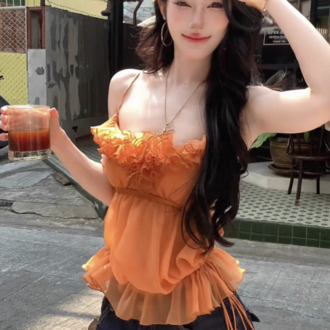 섹시함 핫걸 쉬폰 망사 캐미솔 외출용 봄 여름 새로운 여행 휴가 바람 백리스 튜브탑 맨위