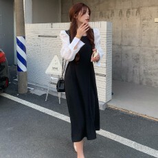 批发简单大方高级感春季穿搭2026新款法式方领<b class='q'>长袖</b>收腰连衣裙子女