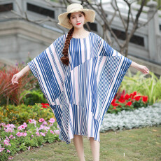 批发<b class='q'>欧美</b>跨境外贸大码女装亚马逊新款蓝色印花裙子<b class='q'>连衣裙</b>大码显瘦