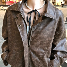 批发RAINY 复古感擦色做旧翻领皮衣女春秋宽松甜酷机车美式夹克<b class='q'>短</b>外套