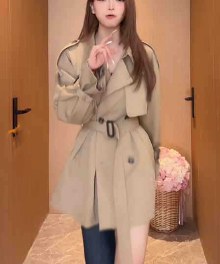 한 부서 고급 센스 카키 색 바람막이 여성 코트 가을 2026 새로운 품격 허리 수축 작은 키 코트