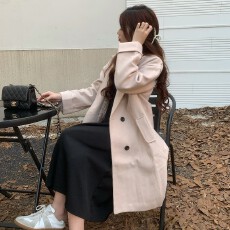 批发温柔风杏色西装领双排扣中长款宽松毛呢外套 显瘦气质