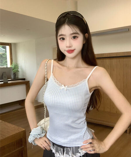 실사 감소되지 않음 핫걸 체크무늬 작은 꽃무늬 레이스 조각 캐미솔 벨트 가슴 패드 민소매 맨위
