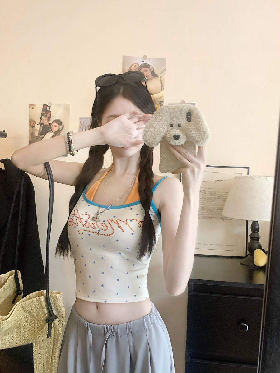 실사 감소되지 않음 핫걸 알파벳 프린트 행침 목 배색 캐미솔