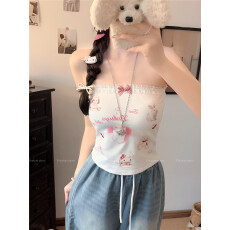 批发实拍不减~蕾丝猫猫印花抹胸背心女夏外穿修身短款上衣