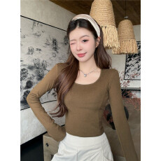 批发实拍不减~磨毛保暖带胸垫打底衫秋冬方领修身长袖T恤上衣