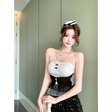 批发实拍不减～纯欲辣妹一字肩无袖蕾丝花边自带胸垫背心上衣