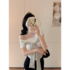 批发实拍不减～假两件绑带短袖t恤女早<b class='q'>春</b>纯欲性感一字肩上衣