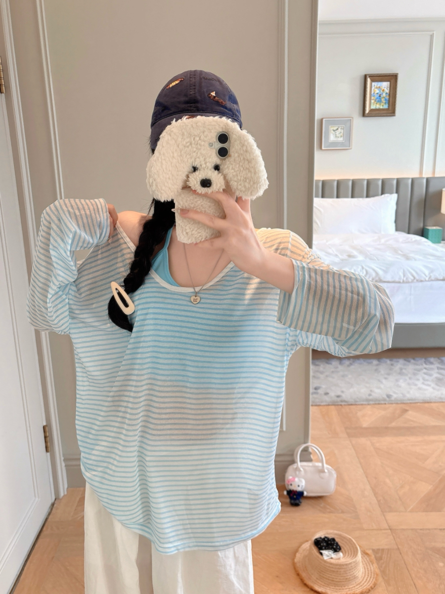 实拍不减～68185#宽松条纹防晒衫女夏长袖百搭T恤+挂脖背心两件套