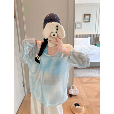 批发实拍不减～宽松条纹防晒衫女夏<b class='q'>长袖</b>百搭T恤+挂脖背心<b class='q'>两件套</b>