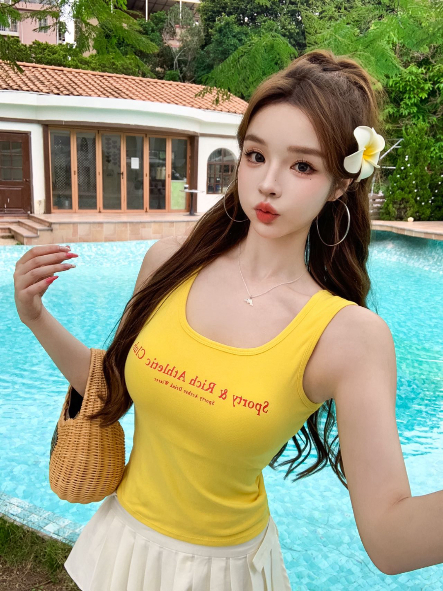 실사 감소되지 않음 핫걸 광장 칼라 단어 조끼 여성 여름 외출용 와이드 어깨끈 가슴 패드 언더 코트