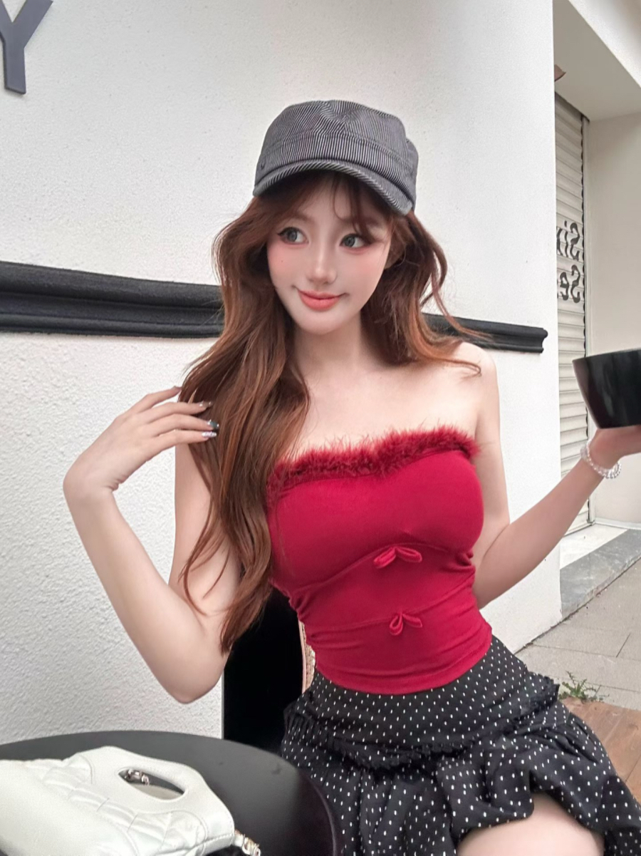 실사 감소되지 않음 순수한 욕망 핫걸 플리스 패치워크 조끼 여성 여름 몸매 가꾸기 다용도 튜브탑 맨위