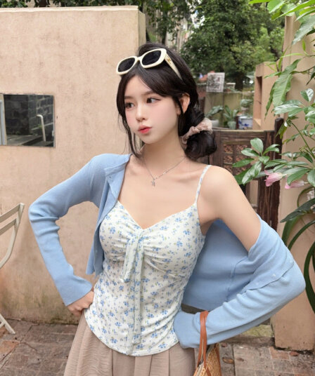 실사 감소되지 않음 달콤함 휴가 바람 꽃무늬 캐미솔 여름 몸매 가꾸기 외출용 민소매 맨위