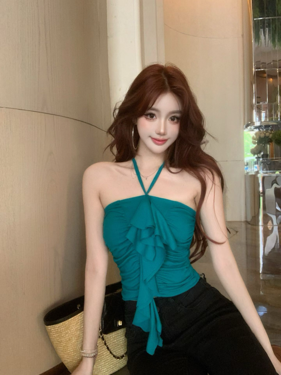 실사 감소되지 않음 순수한 욕망 프릴 주름 행침 목 튜브탑 조끼 여성 허리 수축 백리스 외출용 맨위