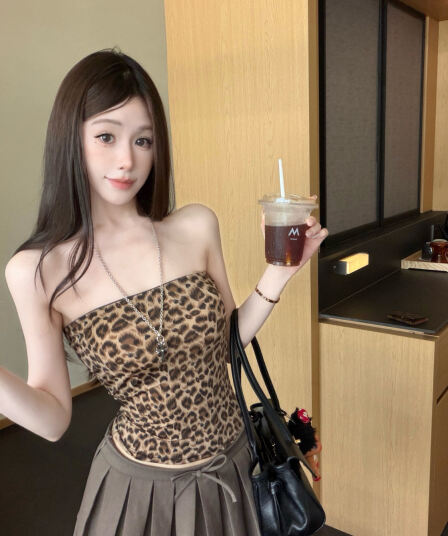 실사 감소되지 않음 순수한 욕망 핫걸 레오파드 무늬 튜브탑 조끼 여성 여름 몸매 가꾸기 다용도 민소매 맨위