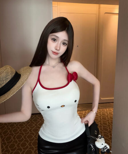 실사 감소되지 않음 귀여운 야옹 미 큰 얼굴 나비 매듭 배색 행침 목 캐미솔