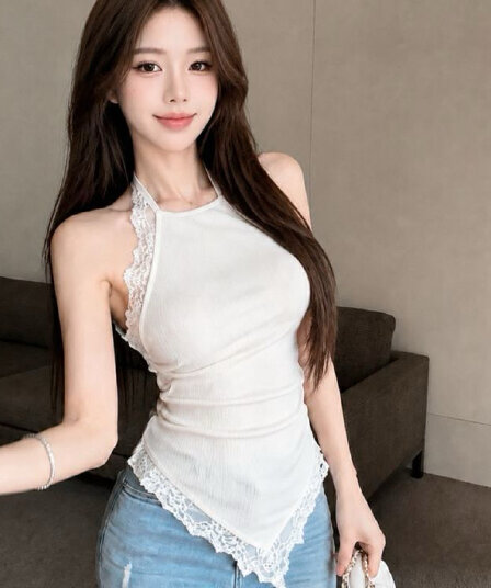 비 실사 감소되지 않음 불규칙 레이스 조각 민소매 행침 목 조끼 몸매 가꾸기 백리스 외출용 맨위