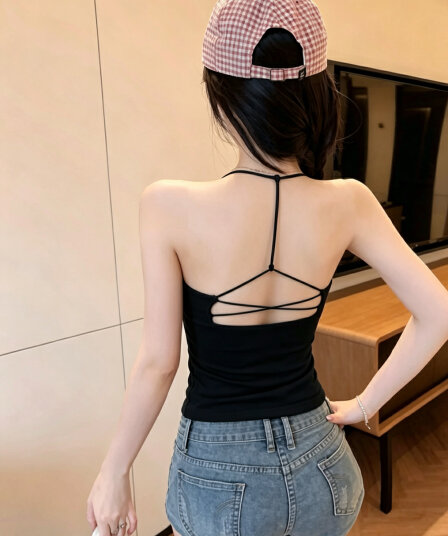 실사 감소되지 않음 핫걸 아름다움 뒤로 행침 목 작은 조끼 여성 여름 몸매 가꾸기 외출용 백리스 민소매 맨위
