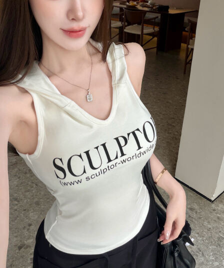 실사 감소되지 않음 아메리칸 알파벳 프린트 후드 조끼 여성 외출용 핫걸 몸매 가꾸기 민소매 맨위