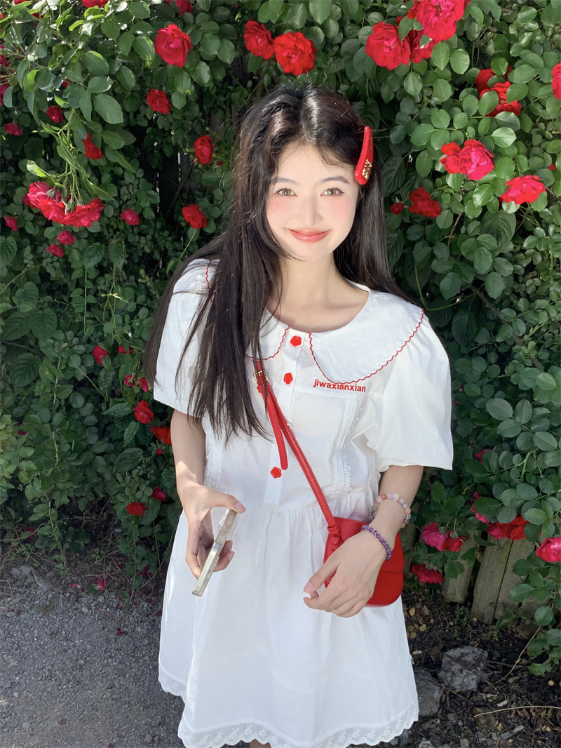 실사 새로운 한 부서 달콤함 연령 감소 무거운 작업 자수 베이비 칼라 패치워크 레이스 거품 소매 드레스