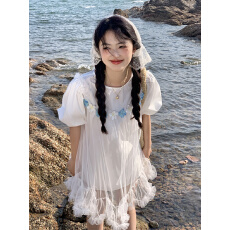 批发实拍~新款韩系甜美减龄立体花朵<b class='q'>假两件</b>网纱泡泡袖<b class='q'>连衣裙</b>