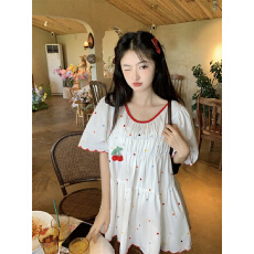 批发实拍~新款韩系甜美减龄重工<b class='q'>彩</b>点刺绣立体樱桃宽松<b class='q'>连衣裙</b>