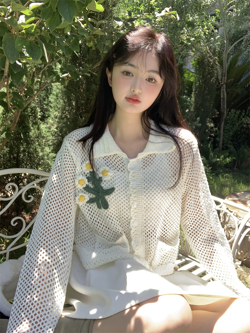 실사 봄 새로운 한 부서 달콤함 연령 감소 무거운 작업 수공 꽃 홀로우 아웃 니트 오픈 가디건 스웨터