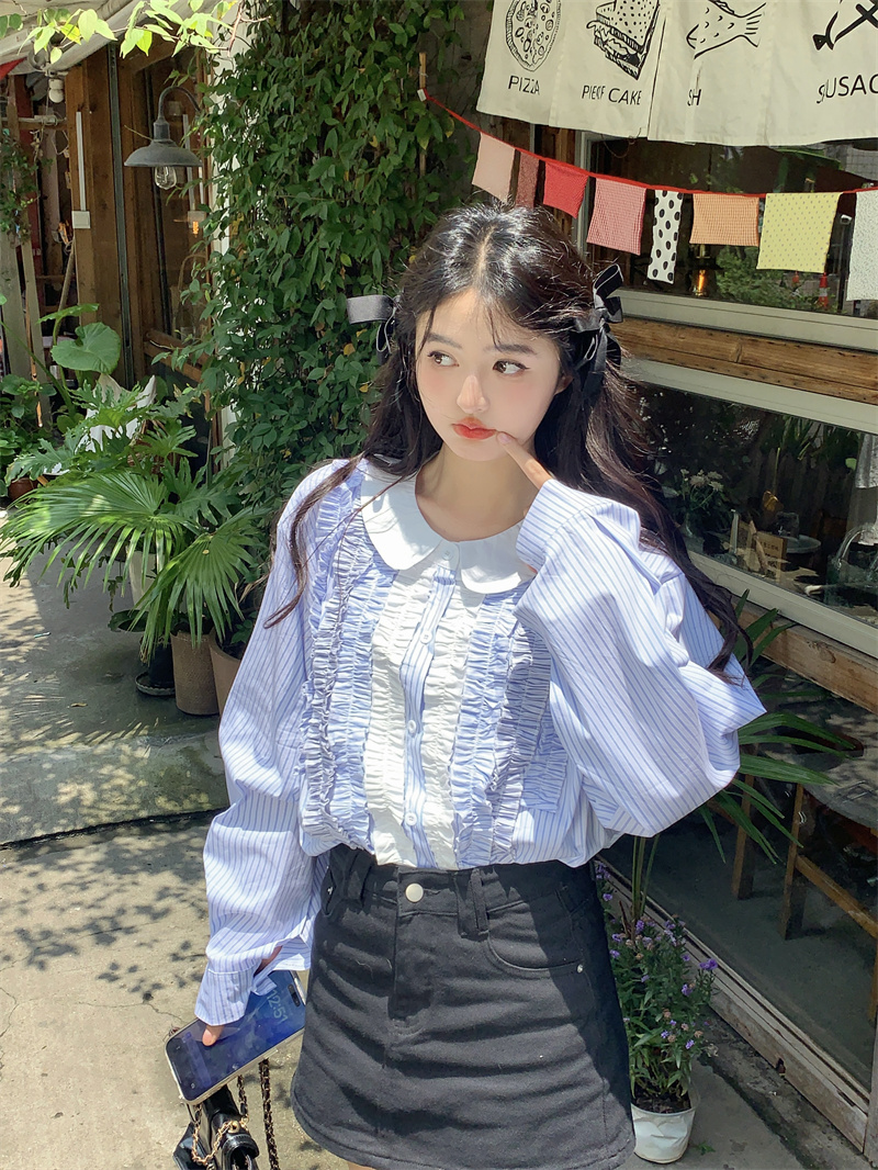 실사 새로운 한 부서 달콤함 연령 감소 무거운 작업 배색 프릴 베이비 칼라 루즈핏 긴팔 셔츠