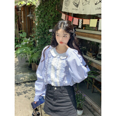 批发实拍~新款韩系甜美减龄重工撞色木耳边<b class='q'>娃娃领</b>宽松长袖<b class='q'>衬衫</b>