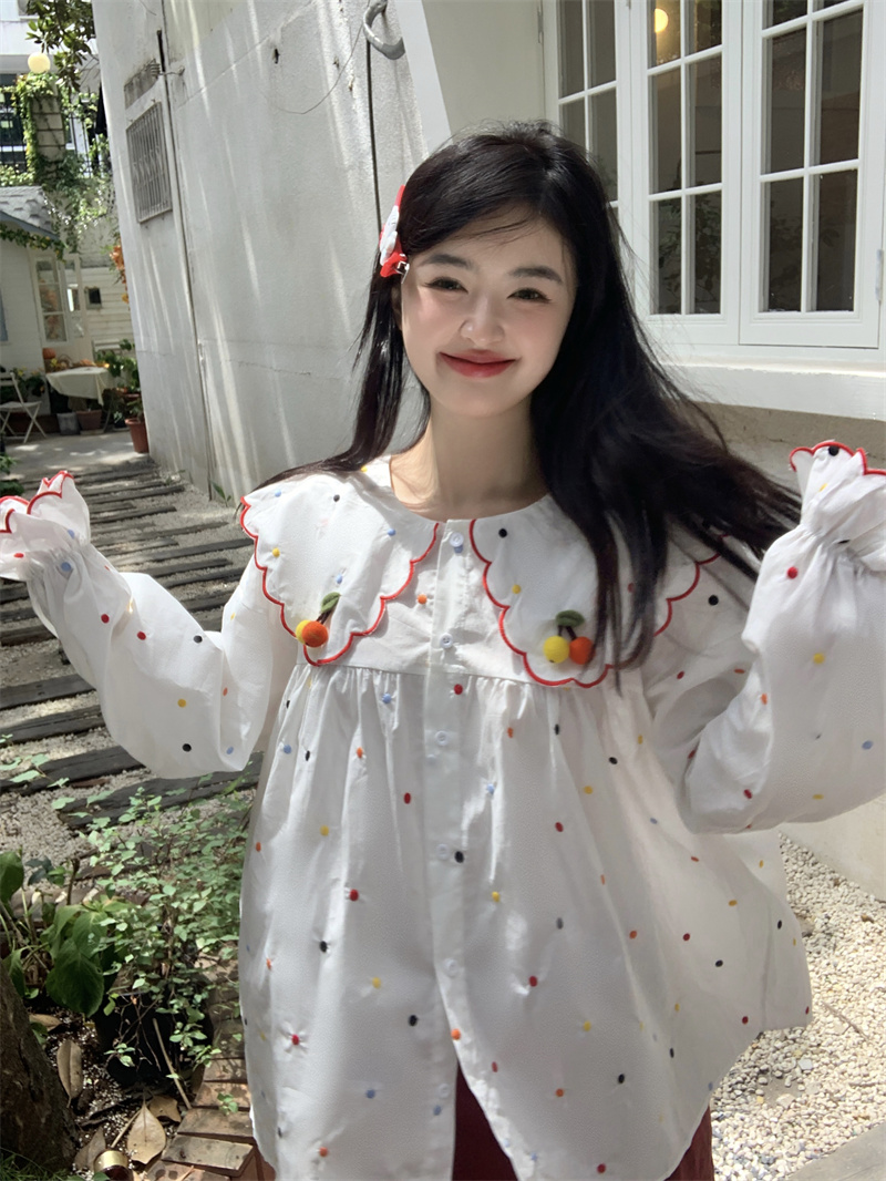 실사 새로운 한 부서 달콤함 연령 감소 무거운 작업 색상 포인트 자수 3 차원 체리 루즈핏 긴팔 셔츠