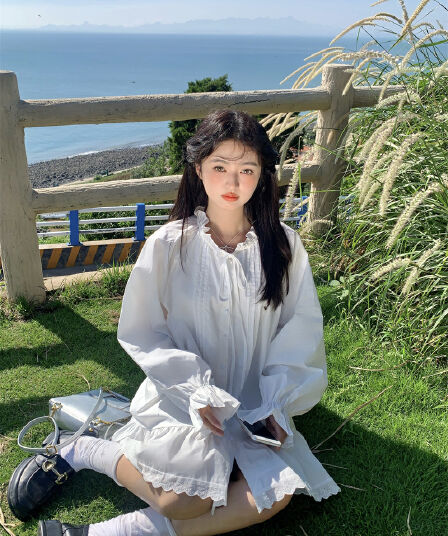 실사 새로운 한 부서 달콤함 마이너스 무거운 작업 플리츠 레이스 레이스업 루즈핏 긴팔 셔츠 드레스