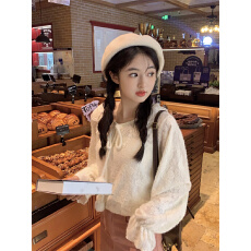 批发实拍~新款韩系甜美减龄娃娃领系带立体花宽松打底上衣