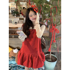 批发实拍~新款圣诞新年款复古<b class='q'>甜美</b>波点背心毛呢宽松花苞叠穿连衣裙