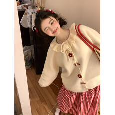 实拍~新年款提花立体娃娃木耳边系带花朵宽松加厚开衫毛衣