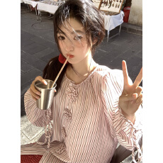 批发实拍~新款韩系<b class='q'>甜美</b>减龄设计感立体花朵系带宽松长袖衬衫