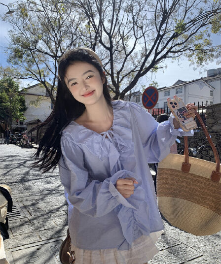 실사 봄 새로운 한 부서 달콤함 연령 감소 프릴 레이스업 루즈핏 긴팔 셔츠