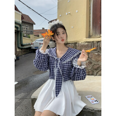 批发实拍~新款韩系<b class='q'>甜美</b>减龄格子花边拼接蝴蝶结宽松长袖衬衫