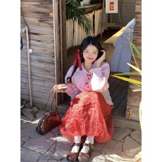 批发实拍~新款韩系<b class='q'>甜美</b>减龄设计感花边木耳边粉色条宽松长袖衬衫